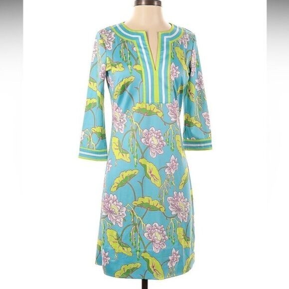 Gretchen Scott Designs Split Neck Jersey Dress Size XS Mystic Garden Turquoise - Picture 2 of 10
